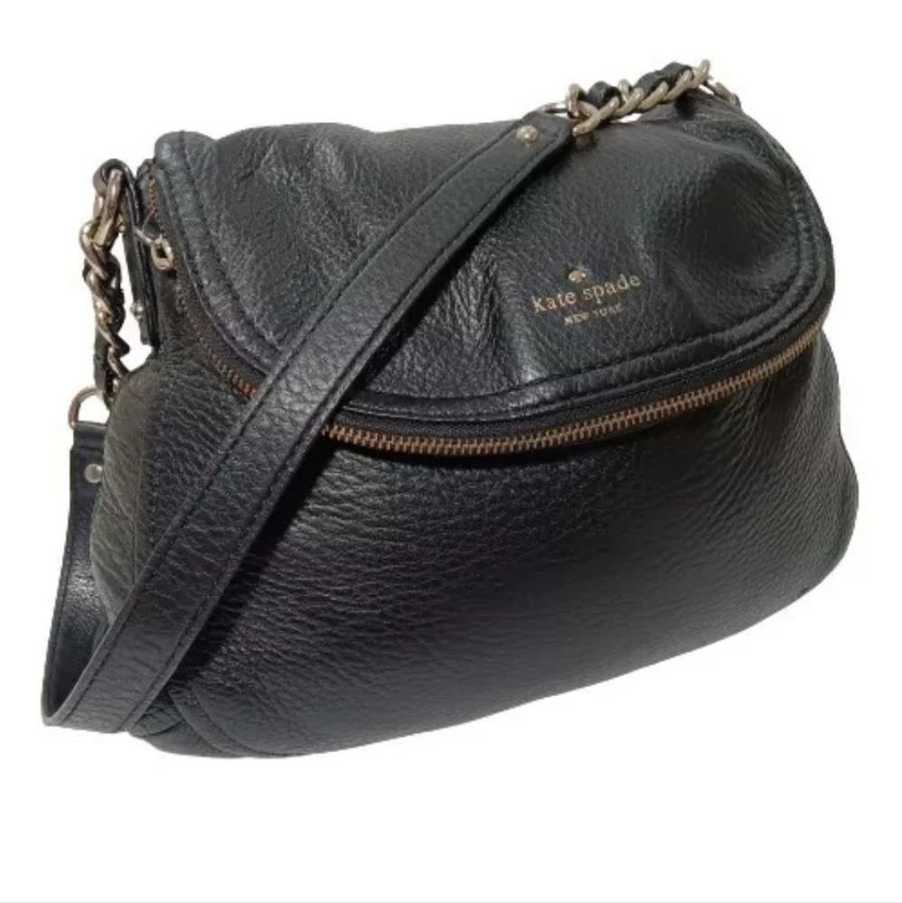 Kate Spade Black Soft Leather Shoulder Crossbody Bag Silver Chain Strap Purse